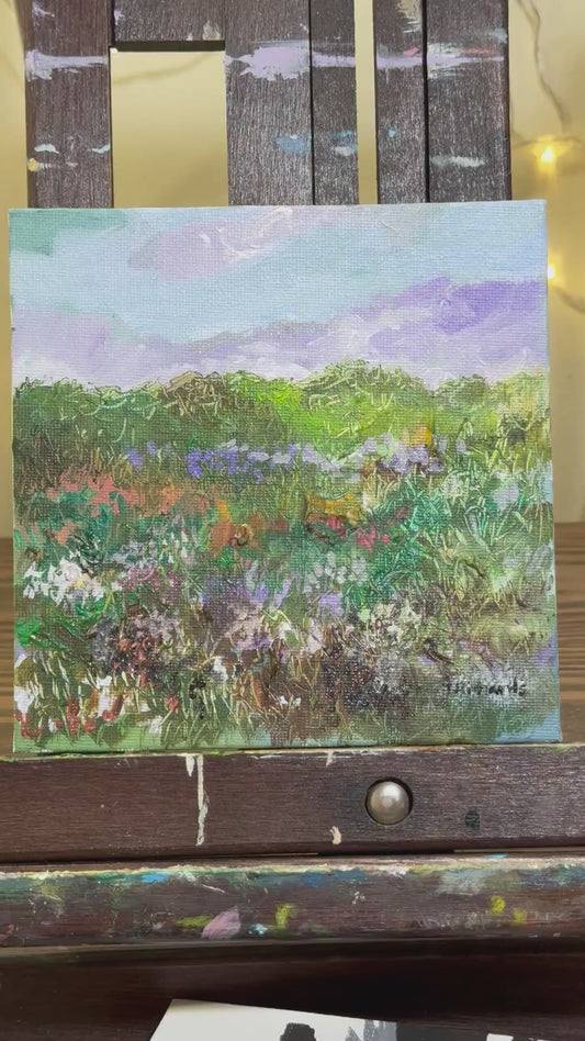 Meadow Oil Painting 6x6", Original Art Landscape, Mountain Field Artwork