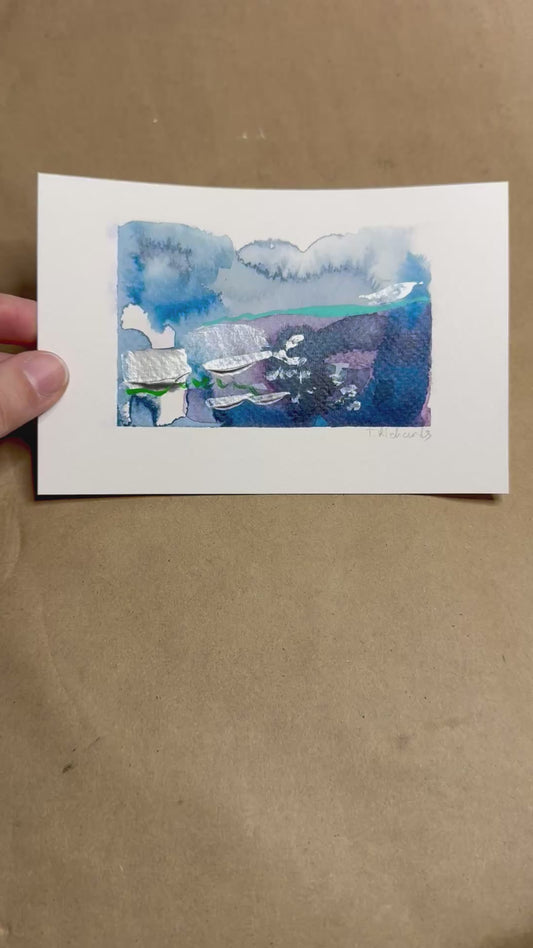 Blue Hour Abstract Painting, Original Art, Night Landscape, Acrylic on Paper 4x6"