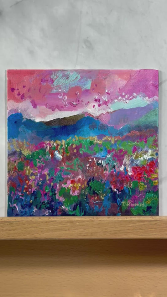 Blueberry Field Acrylic Painting 6x6", Maine Original Art, Landscape Artwork