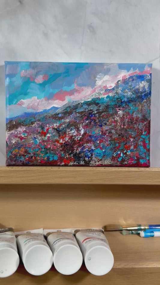 Blueberry Field Acrylic Painting 5x7", Maine Original Art, Landscape Wall Art