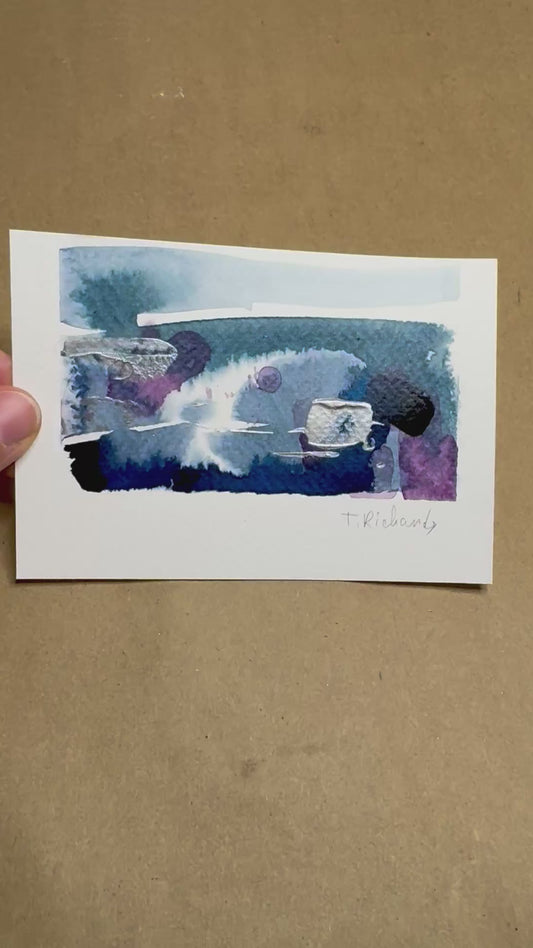 Blue Hour Painting Original Art, Night Abstract Landscape, Acrylic on Paper 3.5x5"