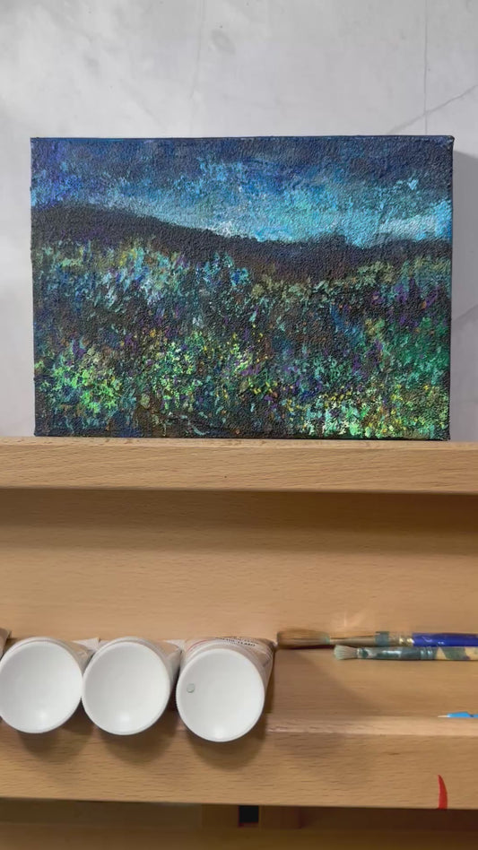 Blue Hour Acrylic Painting 5x7", Original Art Wildflower Night Field Prairie Landscape Wall Art