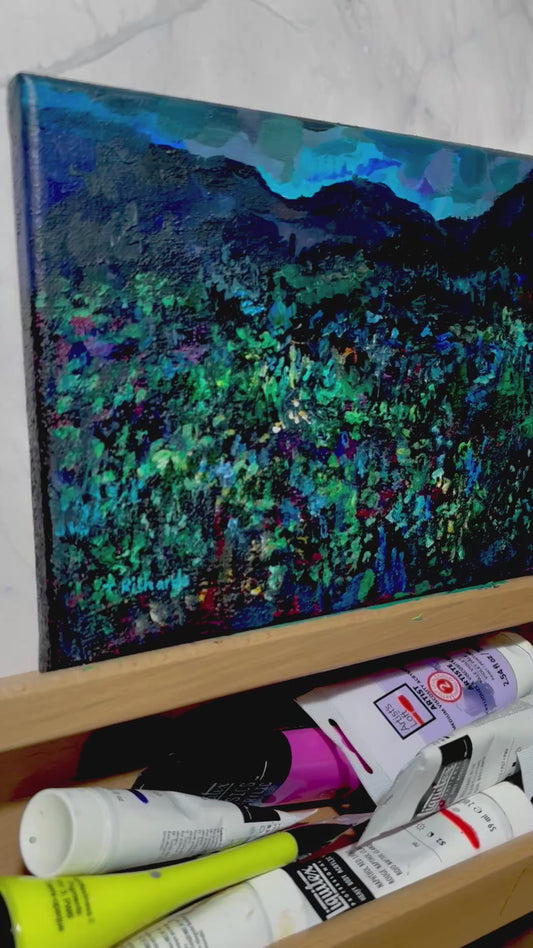 Blue Hour Acrylic Painting 8x10", Original Art Wildflower Night Field Landscape