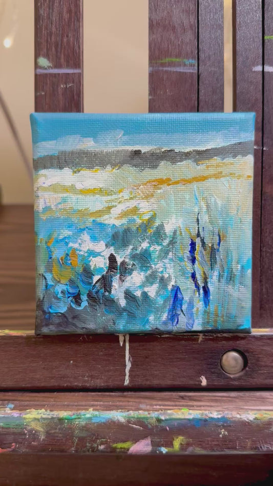 Delphinium Wildflower Field ORIGINAL Art Acrylic painting Landscape 4x4