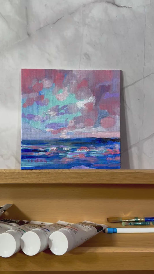 Ocean Acrylic Painting 6x6, Original Seascape Art, Sunset Nature Artwork