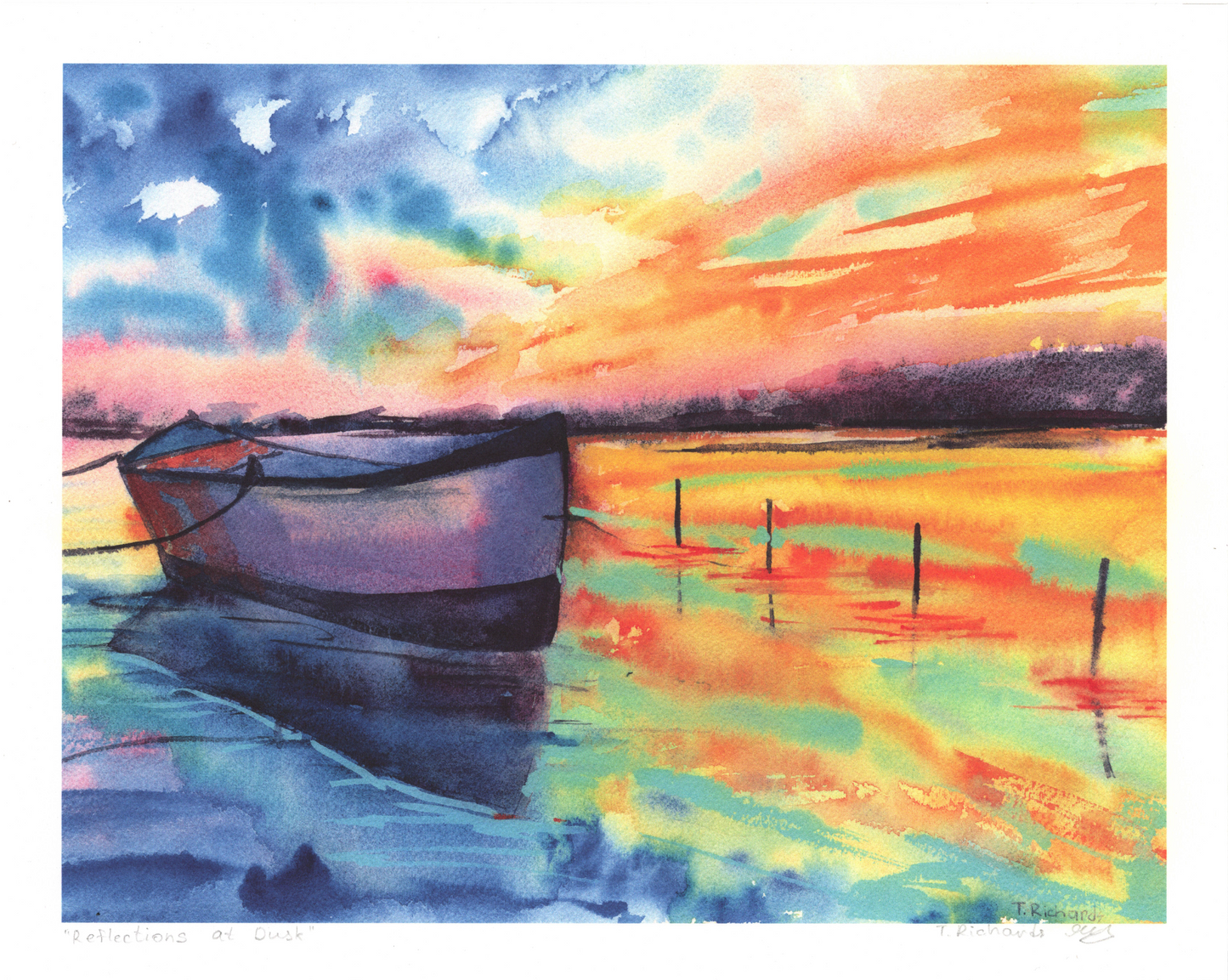 Boat Sunset Archival PRINT Signed, Coastal Landscape Wall Art, Nautical Decor, Ocean Sunset, Archival Ink on Fine Art Paper