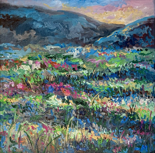 Meadow Flower Field Acrylic painting ORIGINAL art Mountain Sunset Landscape 8x8"